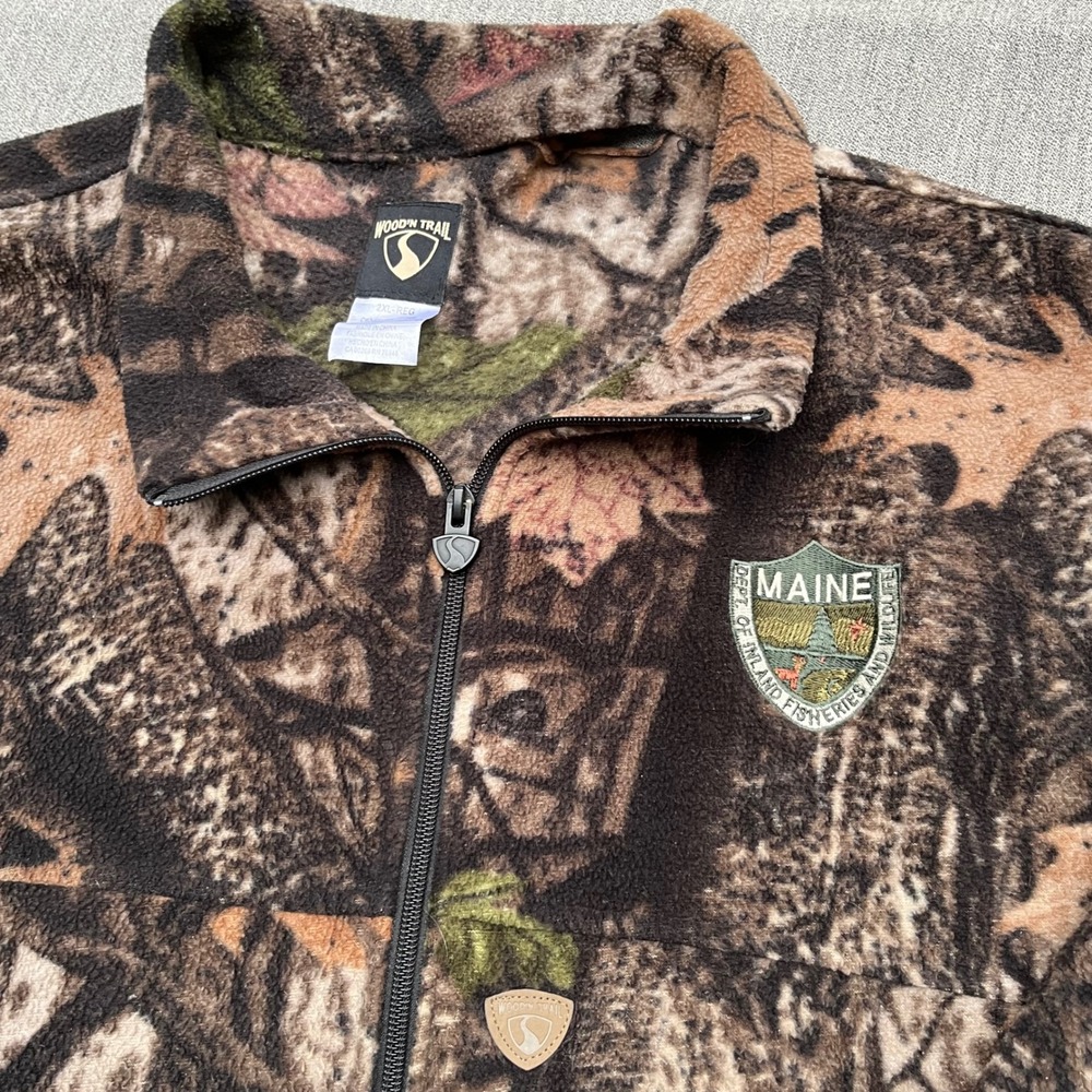 Vintage 90s Wood'n Trail Maine Wildlife Camo Fleece Jacket 2XL Full Zip Camo
